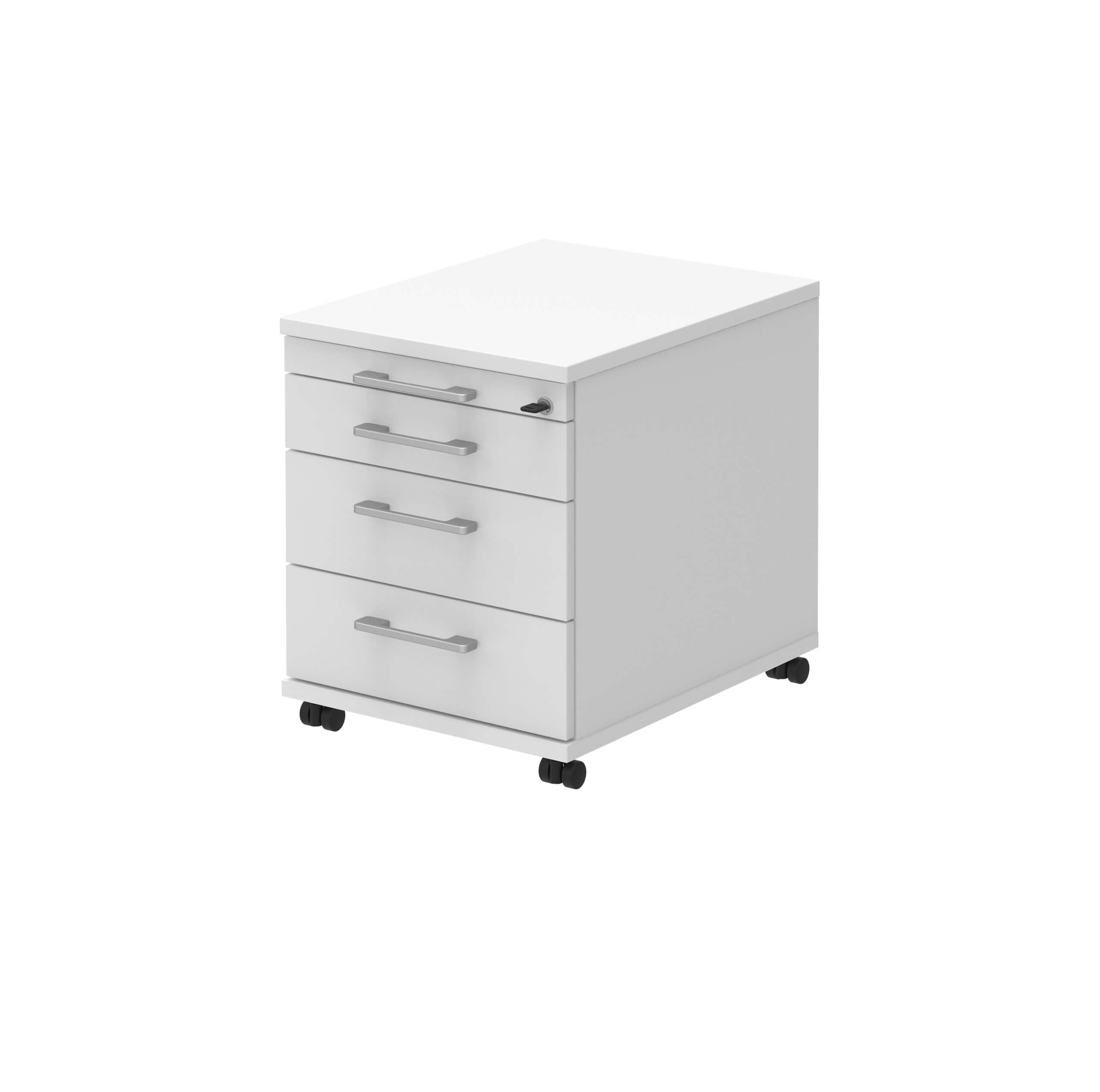 Weißer Rollcontainer mit drei Schubladen und Rollen, ideal für Büros und Arbeitszimmer