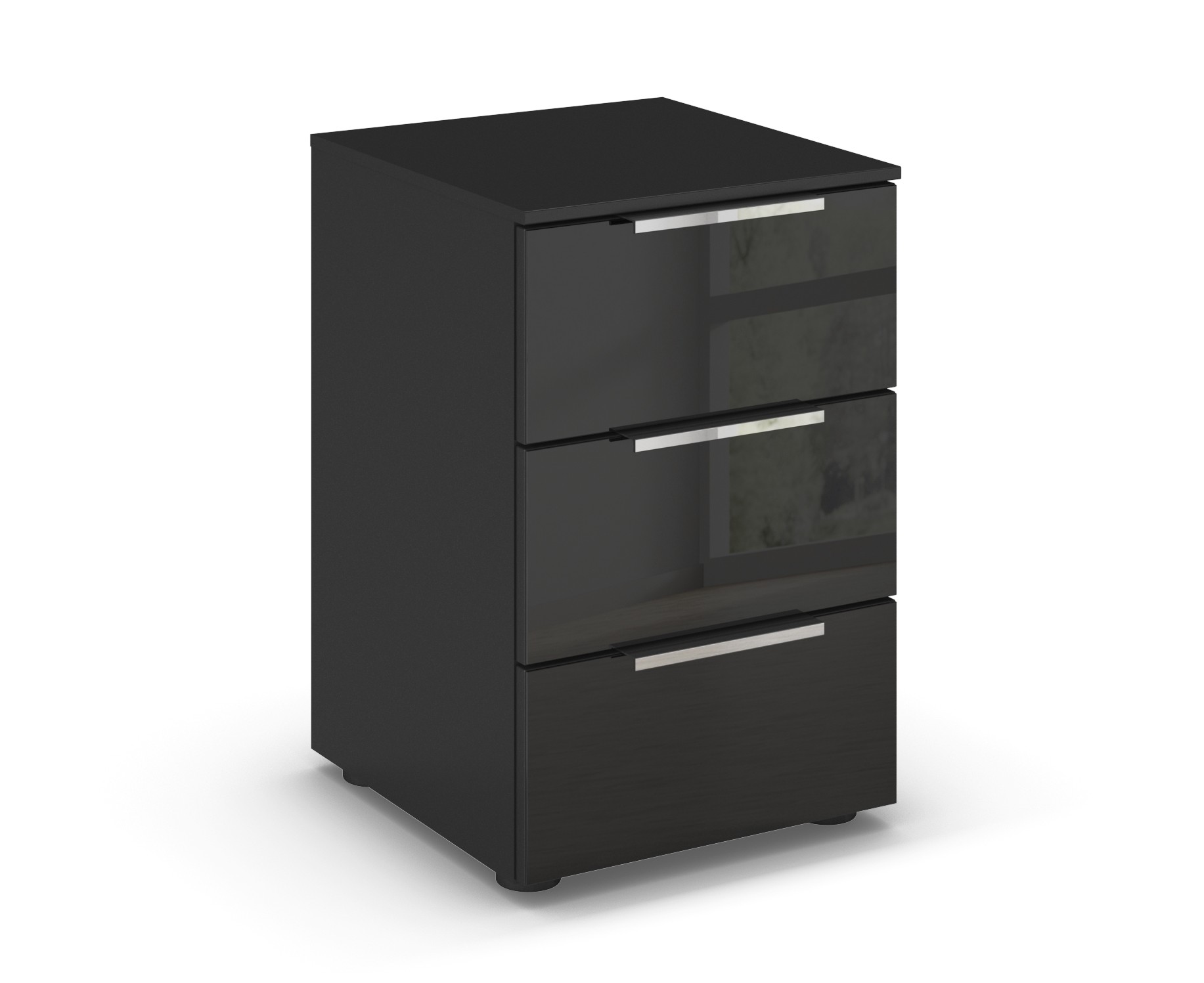schwarzer Nachttisch mit drei Schubladen vor weißem Hintergrund