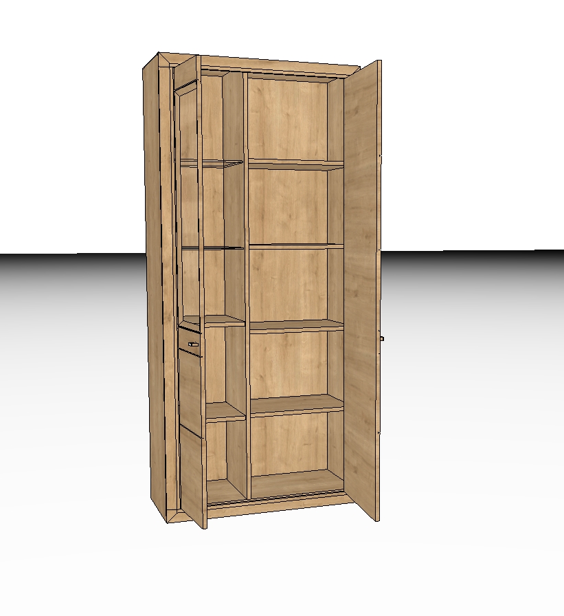 Ein moderner Holzschrank mit offenen Türen, der mehrere Regalfächer zur Aufbewahrung zeigt.