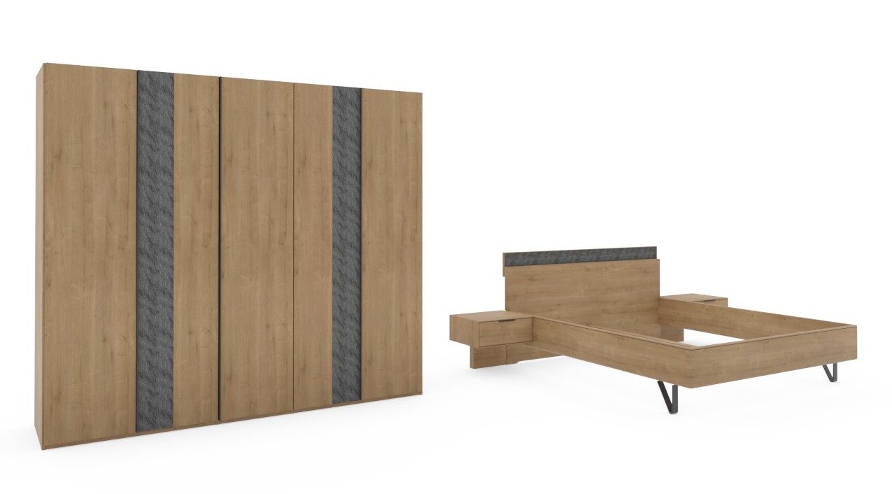 brauner Schrank mit zwei grauen Streifen und Bett mit zwei Konsolen vor weißem Hintergrund