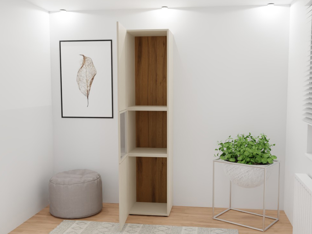 Ein heller Raum mit einem offenen Schrank, einem Sitzpuff, einem Kunstwerk an der Wand und einer Zimmerpflanze in einem modernen Pflanzenständer.
