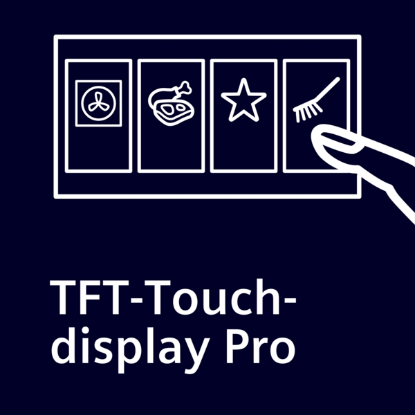 Illustration eines TFT-Touchdisplays Pro mit Symbolen für Funktionen und einer Hand, die es bedient