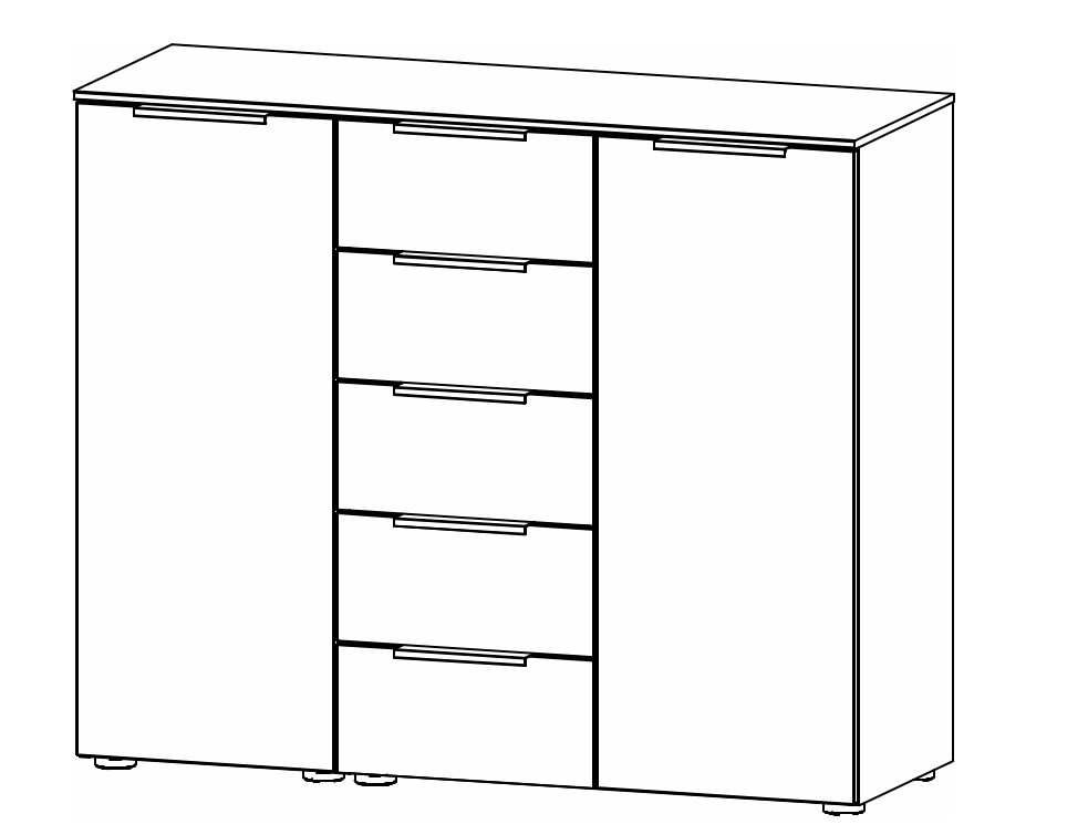 Illustration einer Kommode mit fünf Schubladen und zwei Türen vor weißem Hintergrund