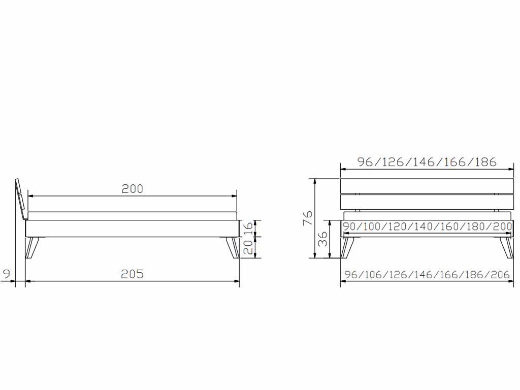Technische Zeichnung eines Bettes, die detaillierte Maßangaben in Zentimetern für Länge, Breite und Höhe darstellt. Geeignet für verschiedene Matratzengrößen.
