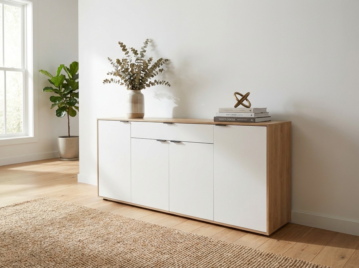 modernes weiß braunes Sideboards stilvoll dekoriert in einem hellen Zimmer