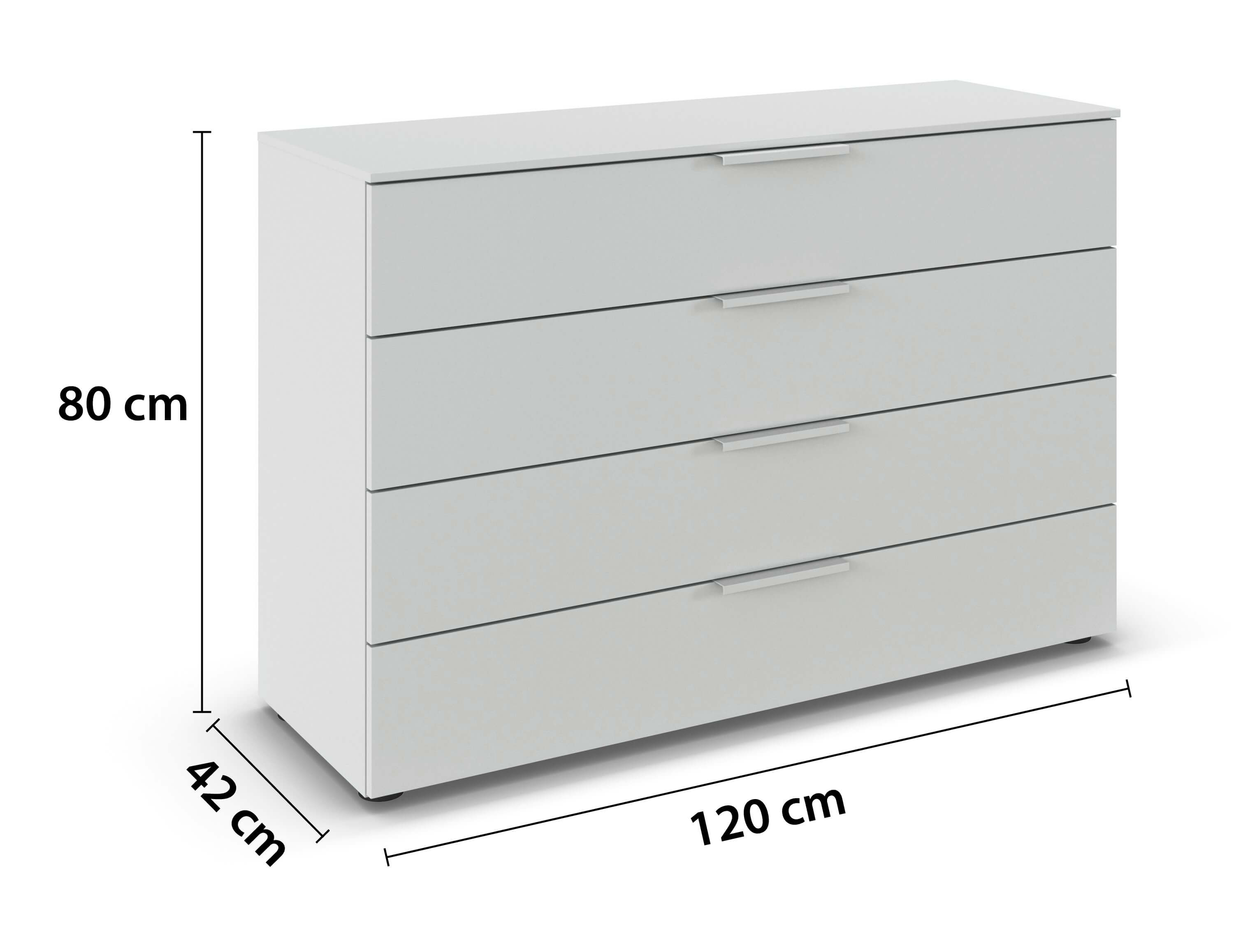 weiße Kommode mit vier Schubladen und Bemaßung vor weißem Hintergrund