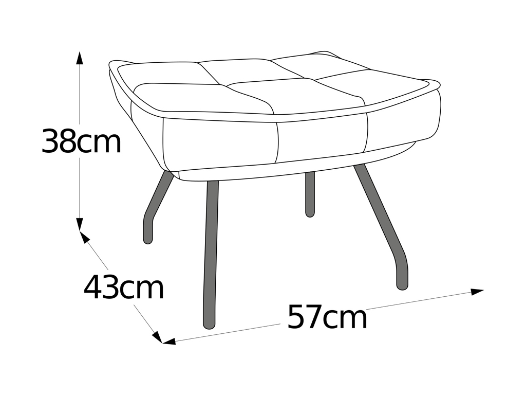 Abbildung eines modernen Hockers mit weicher Polsterung und Metallbeinen, Maße sind 38cm hoch, 57cm breit und 43cm tief