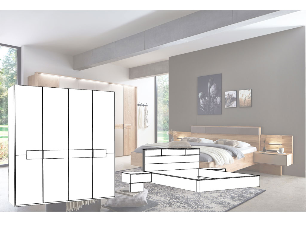 viertüriger brauner Kleiderschrank und Bett mit Hängenachtschränken als Illustration vor einem modernen Raum