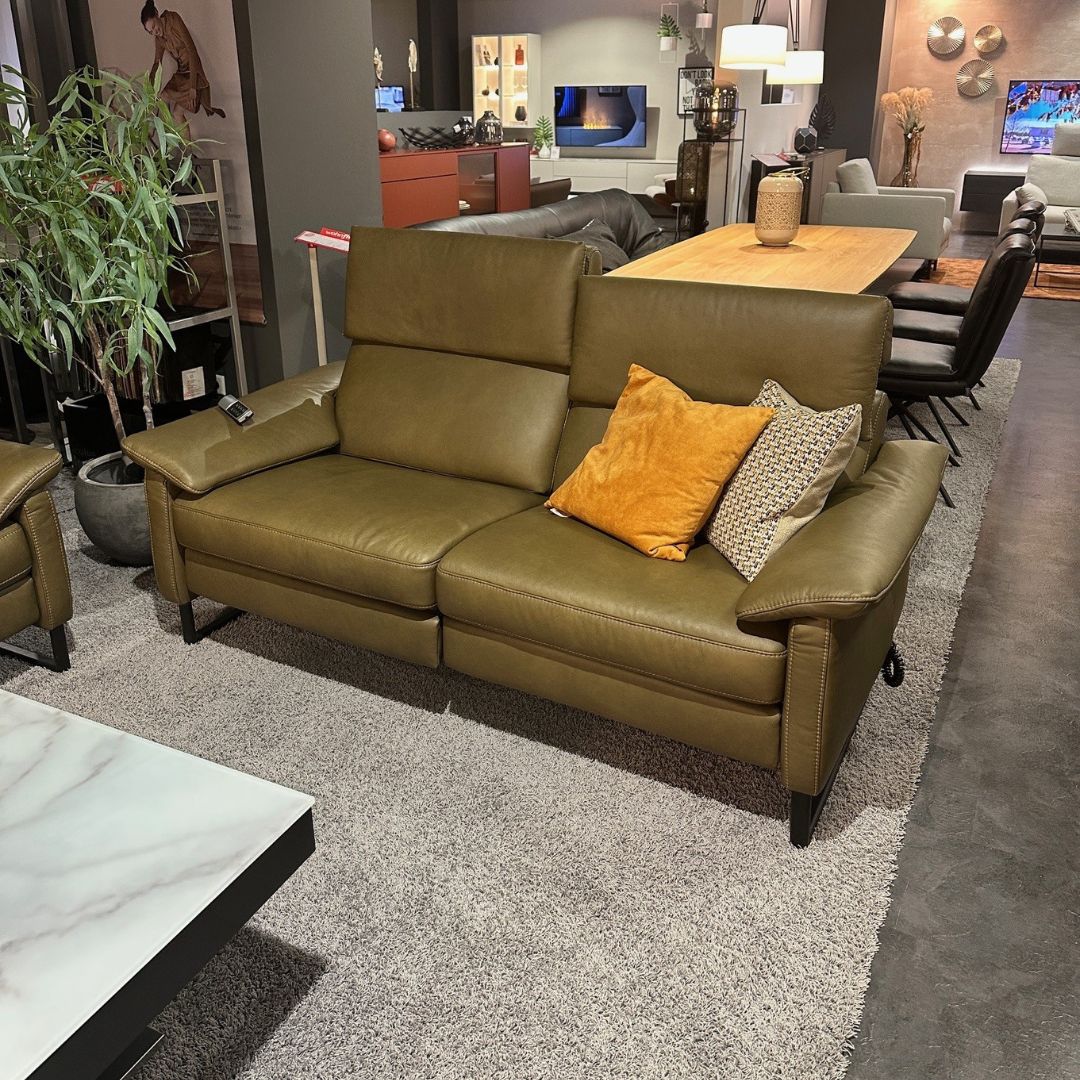 Einladende grüne Ledercouch mit Kissen und gemütlichem Wohnzimmer-Interieur