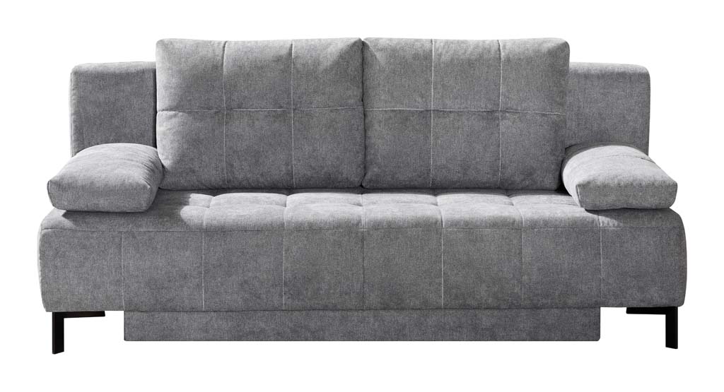 Gemütliches graues Sofa mit gepolsterten Armlehnen und schlichtem Design