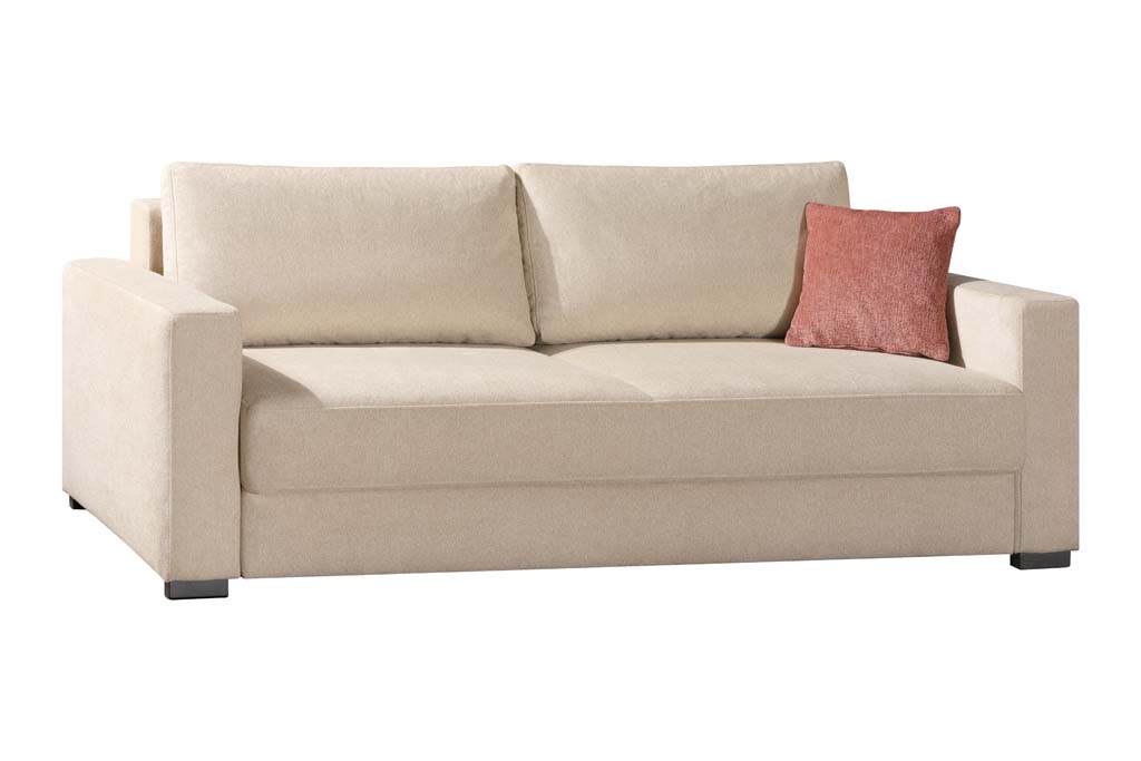 Beiges Sofa mit rotem Kissen auf der rechten Seite, modern und stilvoll