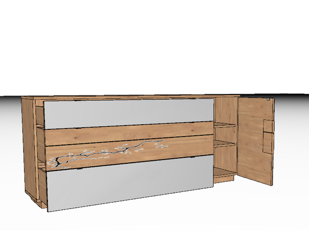 Ein moderner Holzschrank mit floralem Design, zwei Schubladen und eine geöffnete Tür, die Stauraum zeigt.