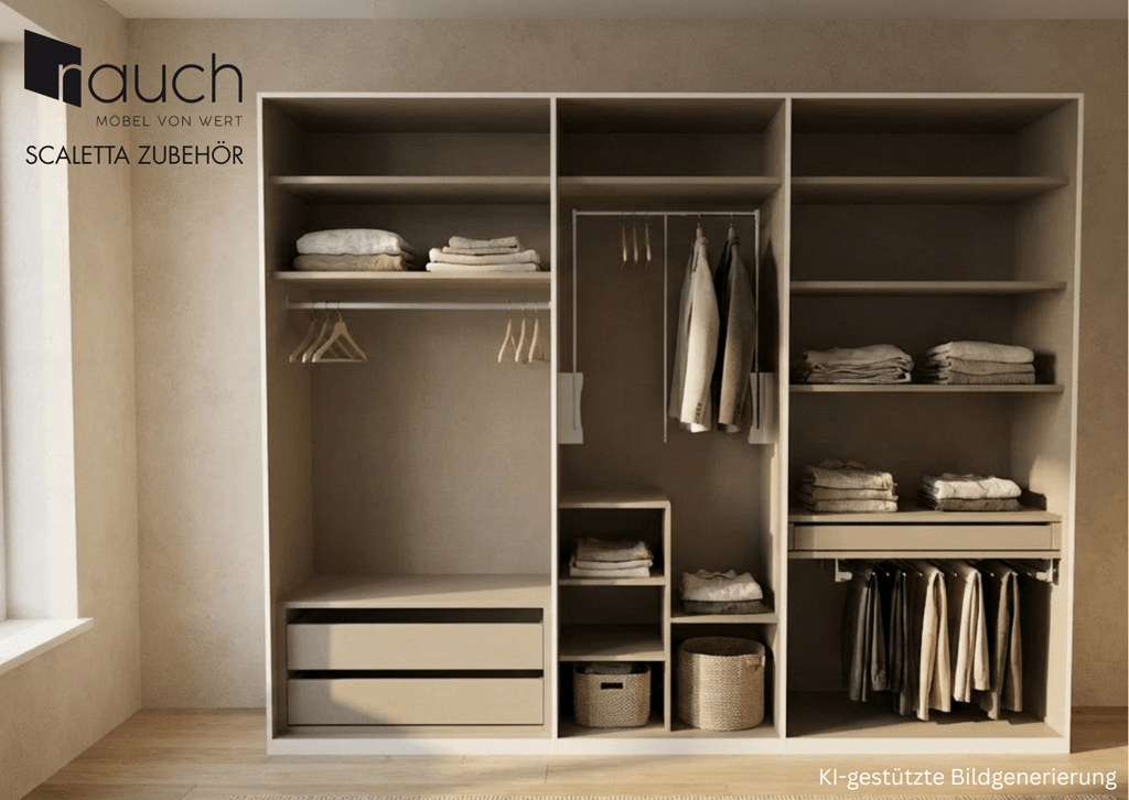 Bild von einem rauch Kleiderschrank mit geöffneten Türen und Blick auf das Zubehör - KI gestützer Inhalt