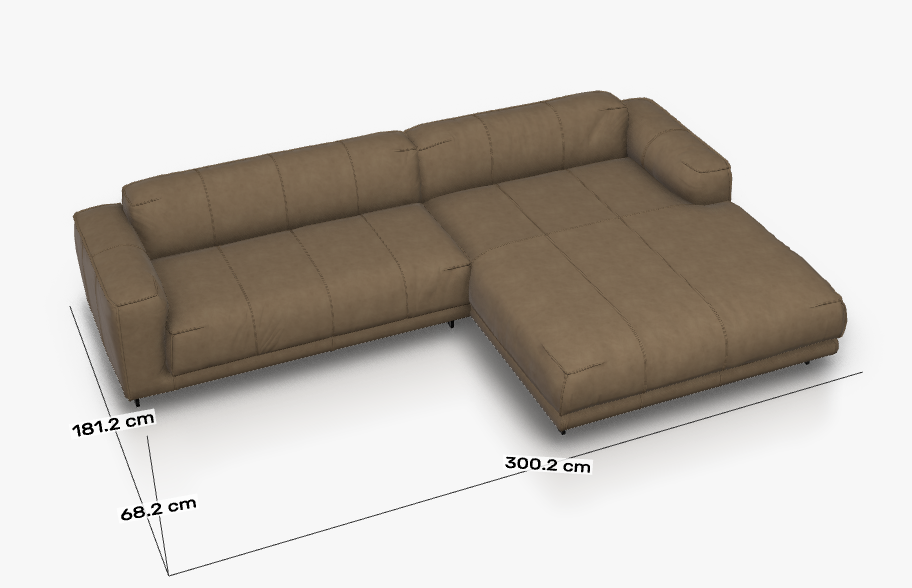 Braunes Ecksofa mit den Maßen 300,2 cm Länge, 181,2 cm Breite und 68,2 cm Höhe