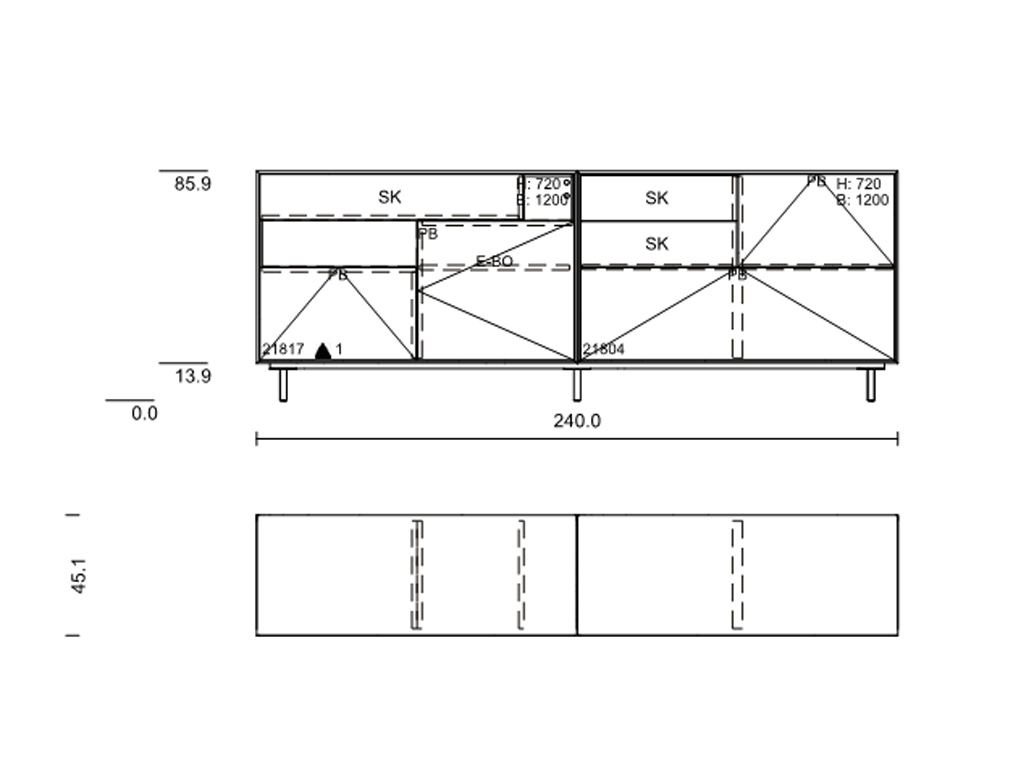 Technische Zeichnung eines Sideboards, Maße 240 Länge, 85,9 Höhe, 45,1 Tiefe