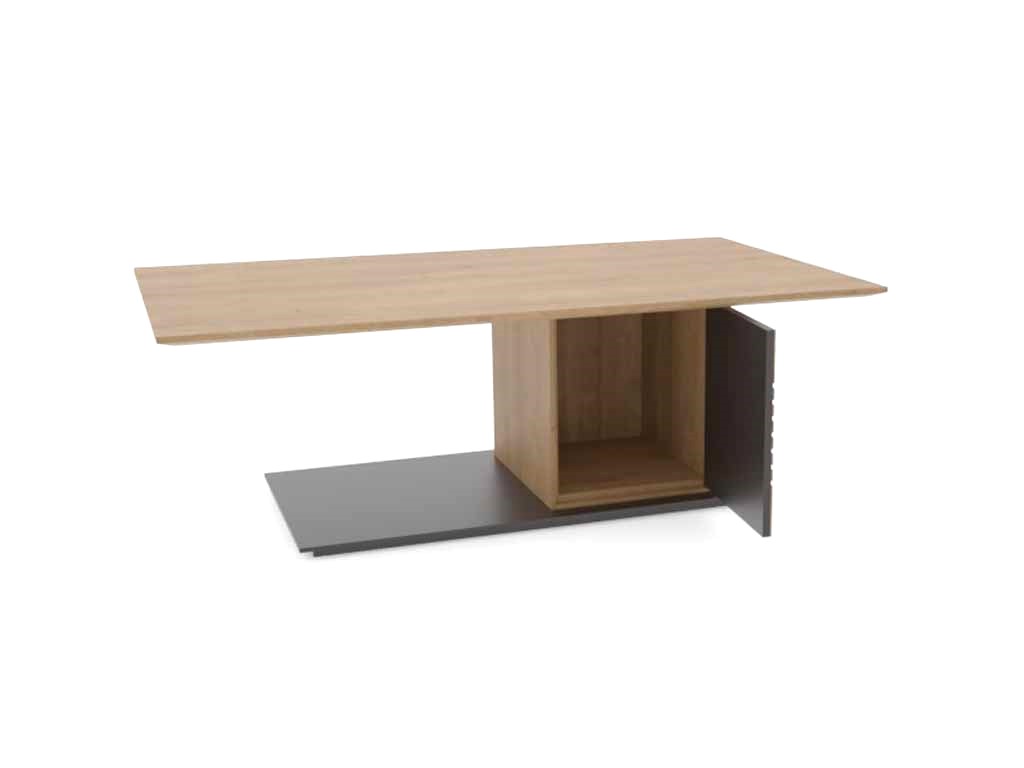 Moderner rechteckiger Couchtisch aus Holz mit Stauraum in der Mitte und schwarzer Bodenplatte
