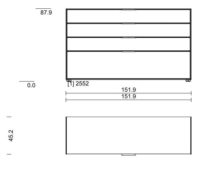 Maßzeichnung einer Kommode vor weißem Hintergrund