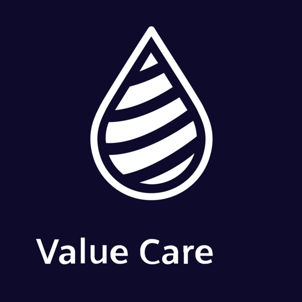 Logo von Value Care mit stilisiertem Tropfen auf dunkelblauem Hintergrund