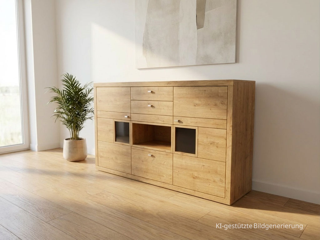 moderner braunes Highboard stilvoll dekoriert in einem hellen Raum, Bild KI generiert