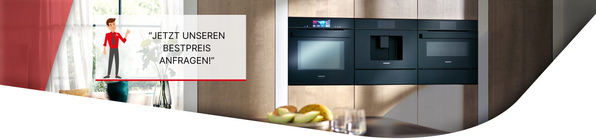 Moderne Küche mit schwarzen Küchen-Einbaugeräten und Aufschrift "Jetzt unseren Bestpreis anfragen"