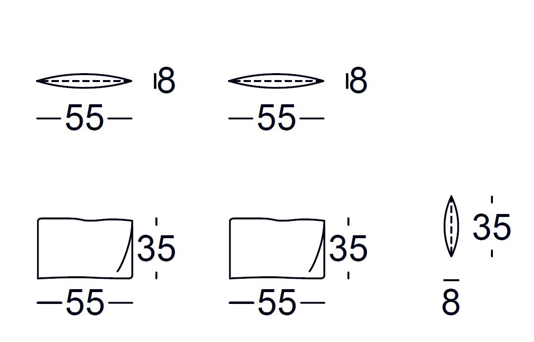Technische Skizze zeigt ovale und rechteckige Formen mit den Maßen 55 mm und 35 mm, sowie einer Breite von 8 mm