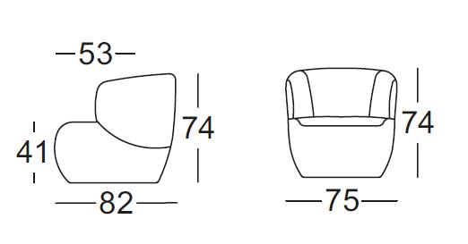 Schematische Darstellung eines Sessels mit Maßangaben: Breite 75 cm, Tiefe 82 cm, Sitzhöhe 41 cm, Gesamthöhe 74 cm, Sitztiefe 53 cm, jeweils Ansicht von vorne und von der Seite
