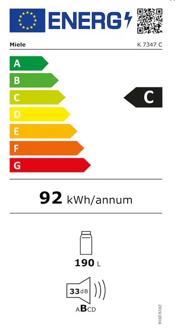 Energielabel für den Miele Einbau-Kühlschrank K 7347 C. Es zeigt die Energieeffizienzklasse C, einen jährlichen Energieverbrauch von 92 kWh, ein Fassungsvermögen von 190 Litern und eine Geräuschentwicklung von 33 dB.