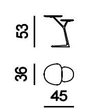 Skizze der Maße eines modernen Beistelltisches mit den Angaben 53 cm Höhe, 36 cm Tiefe und 45 cm Breite