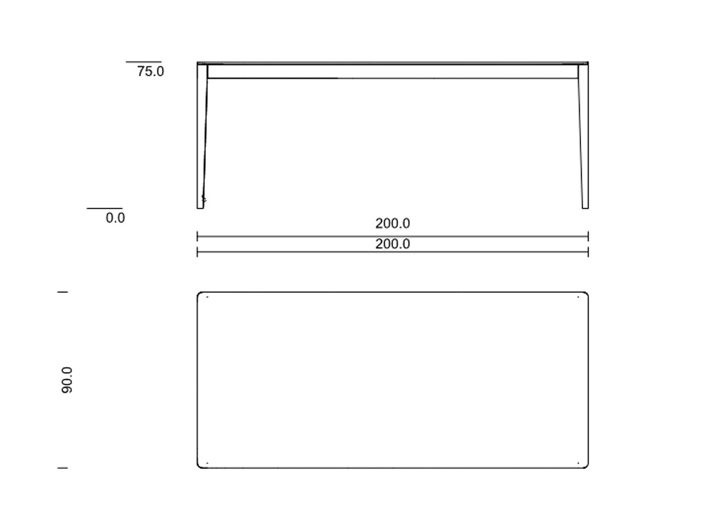 Technische Zeichnung eines rechteckigen Tisches mit den Maßen 200 cm x 90 cm x 75 cm