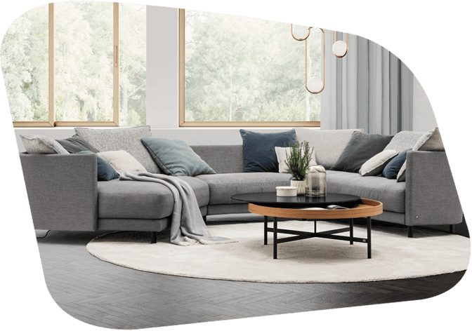 hellgraue Couch mit Couchtisch mit verstellbarer Tischplatte