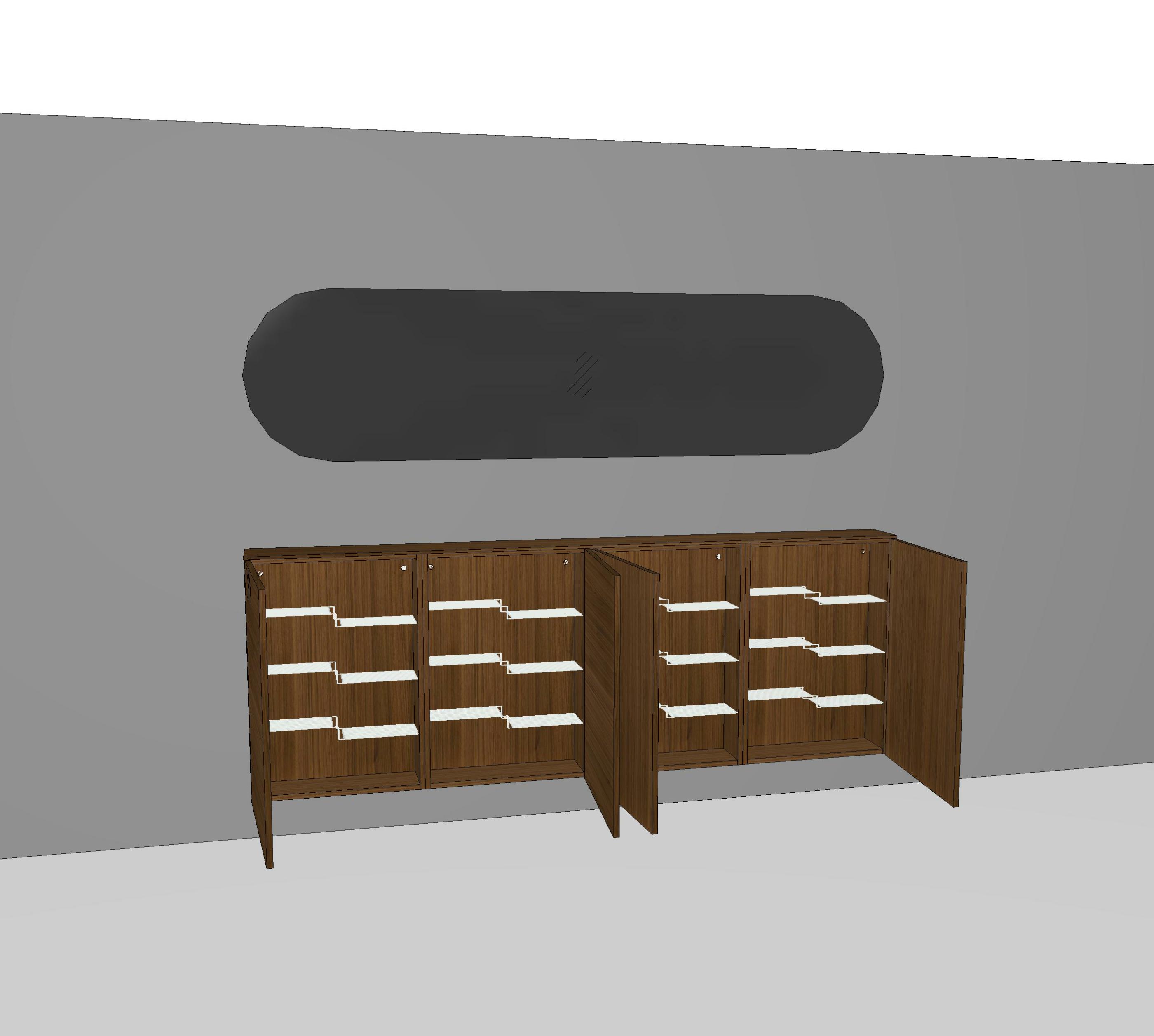 Holzregalschrank mit weißen Regalböden vor grauer Wand