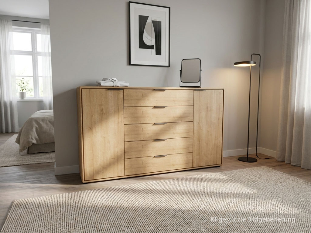 Moderne braune Kommode mit zwei Türen und fünf Schubladen stilvoll dekoriert in einem modernen Zimmer, Bild KI generiert