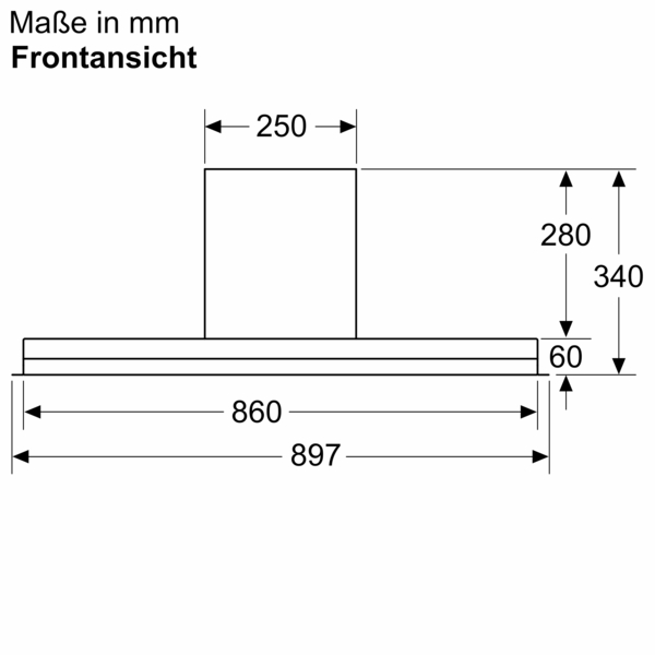 Technische Zeichnung der Dunstabzugshaube, Frontansicht, mit Breiten von 860 mm und 897 mm, Höhen von 280 mm, 340 mm und 60 mm, sowie Tiefe von 250 mm.