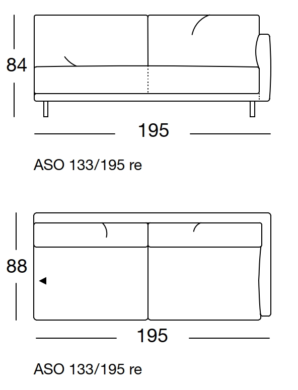 Maßzeichnung eines Sofaelements vor weißem Hintergrund freistil Rolf Benz 133