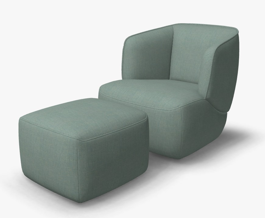 türkisfarbiger designersessel mit hocker vor weißem hintergrund