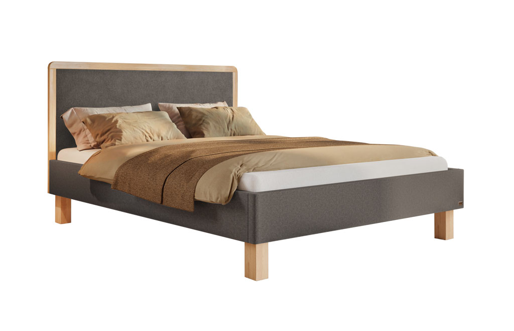 Dunkelgrau meliertes Polsterbett im Farbton Pace-Grey mit hell geölten Eichenfüßen und passend eingefasstem, glattem Kopfteil als Freisteller