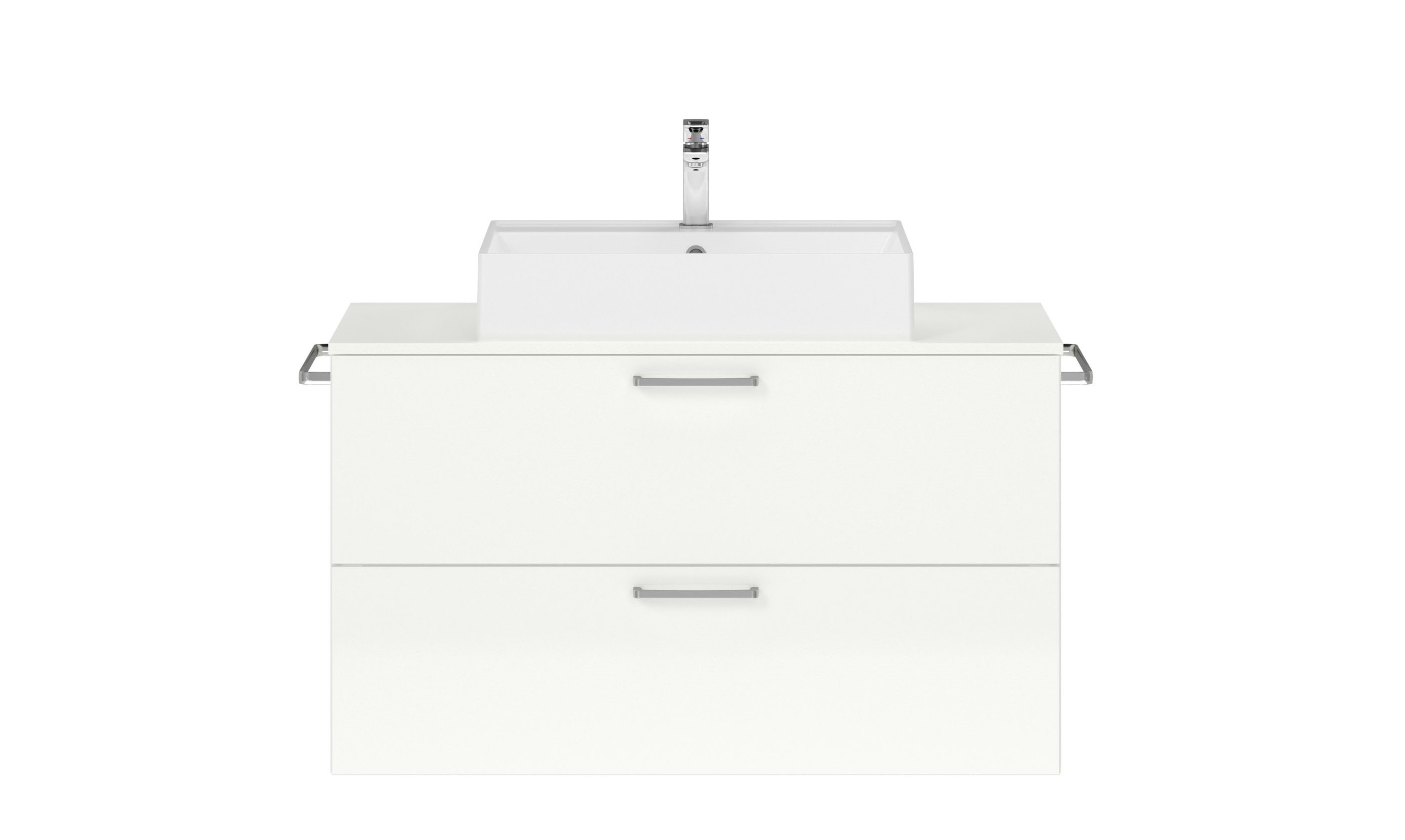 Badschrank weiß mit zwei Schubladen mit eckigem Aufsatzwaschbecken Handtuchhaltern und Armatur nobilia