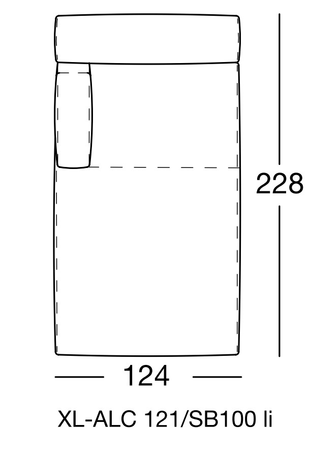Maßzeichnung eines Sofaelementes mit Artikelbezeichnung vor weißem Hintergrund