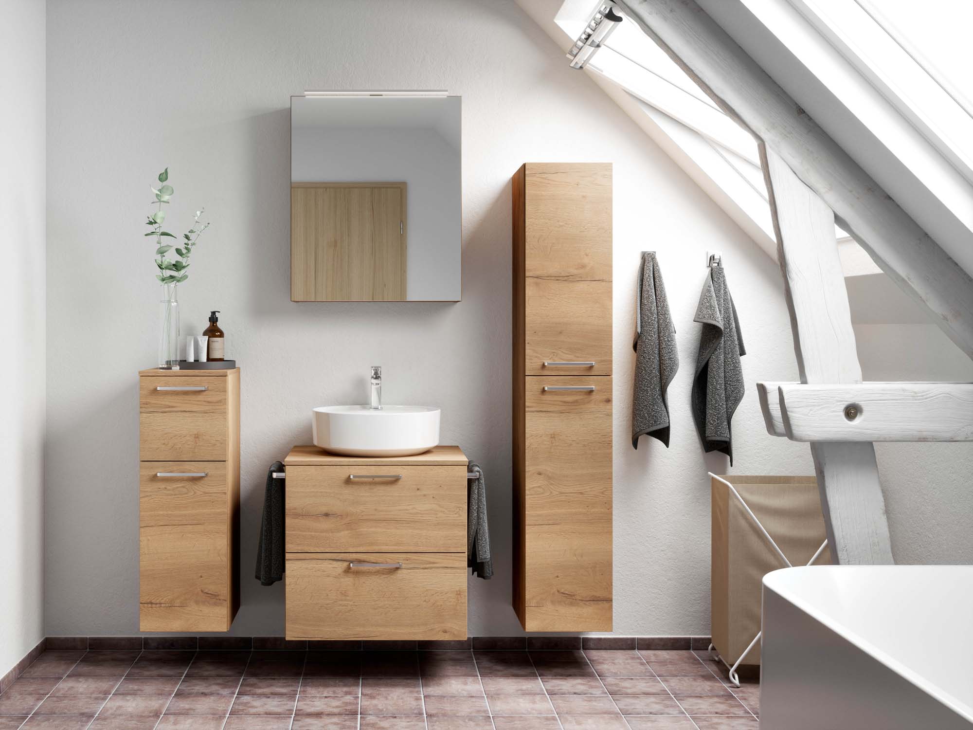 Badezimmermöbel-Set 3 Schränke braun mit Waschtisch und Spiegelschrank nobilia 