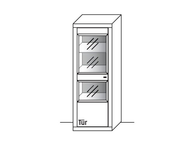 Zeichnung eines modernen Glasschranks mit mehreren Ablagen und einer Tür