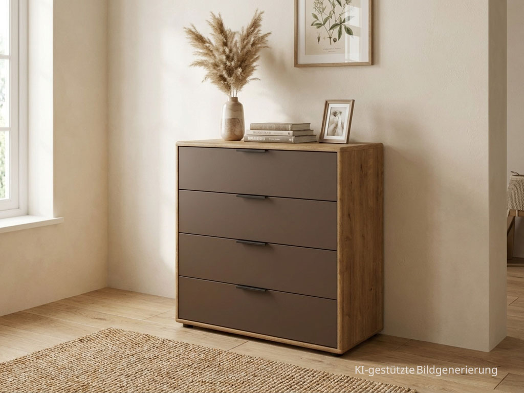 Moderne braune Kommode mit vier Schubladen stilvoll dekoriert in einem modernen Zimmer, Bild KI generiert