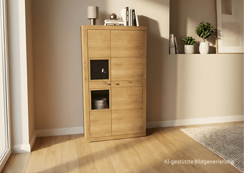 Massivholz Highboard mit Vitrinenfach