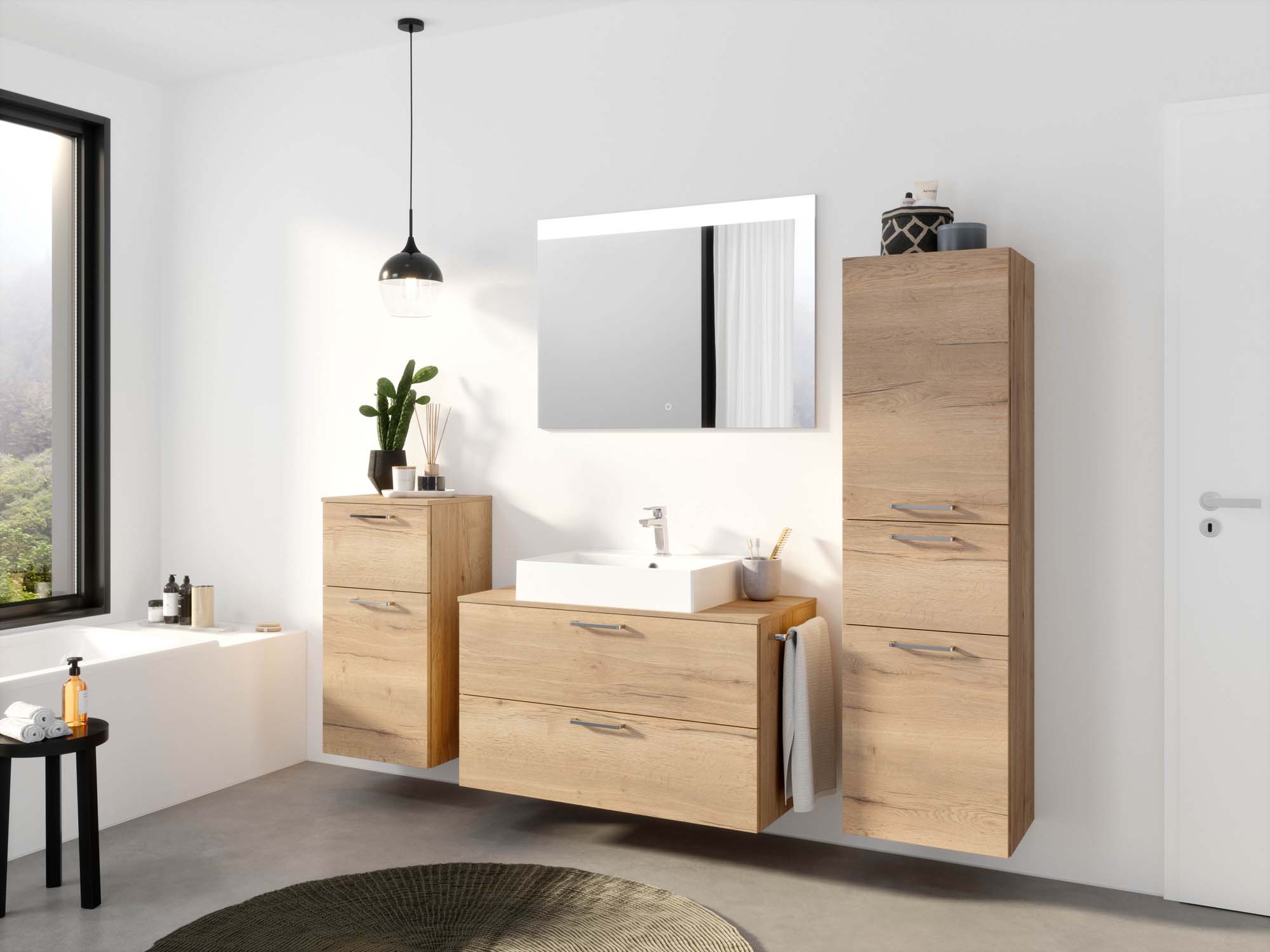 Badezimmermöbel-Set 3 Schränke braun mit Waschtisch und Spiegel nobilia 