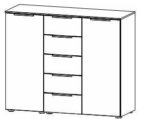Illustration einer Kommode mit fünf Schubladen und zwei Türen vor weißem Hintergrund