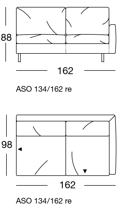Maßzeichnung eines Sofaelement vor weißem Hintergrund freistil Rolf Benz 134