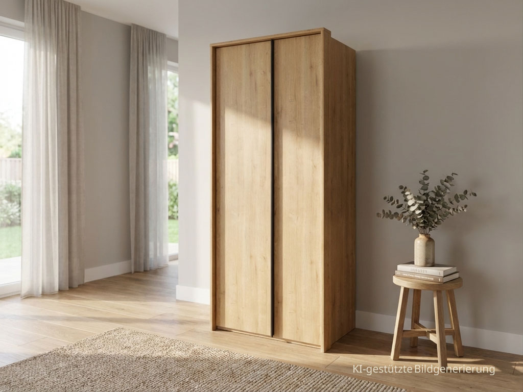brauner zweitüriger Kleiderschrank in einem stilvoll dekoriertem hellen Raum, Bild KI generiert