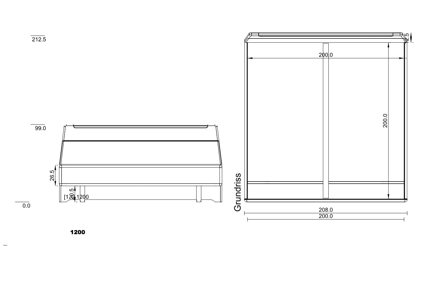 Type 1200 | Liegefläche: 200,0 × 200,0 cm  | Stellfläche: 207,6 × 216,8 cm