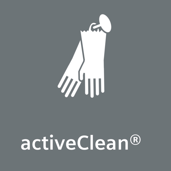 Graues activeClean Logo mit abgebildetem stilisiertem Handsymbol auf einem Nagel