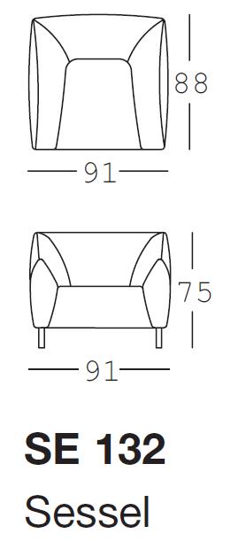 Maßzeichnung des Sessels SE 132 mit den Abmessungen 91 cm Breite, 88 cm Höhe und 75 cm Tiefe