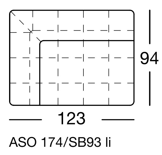 Maßzeichnung eines Sofaelements vor weißem Hintergrund